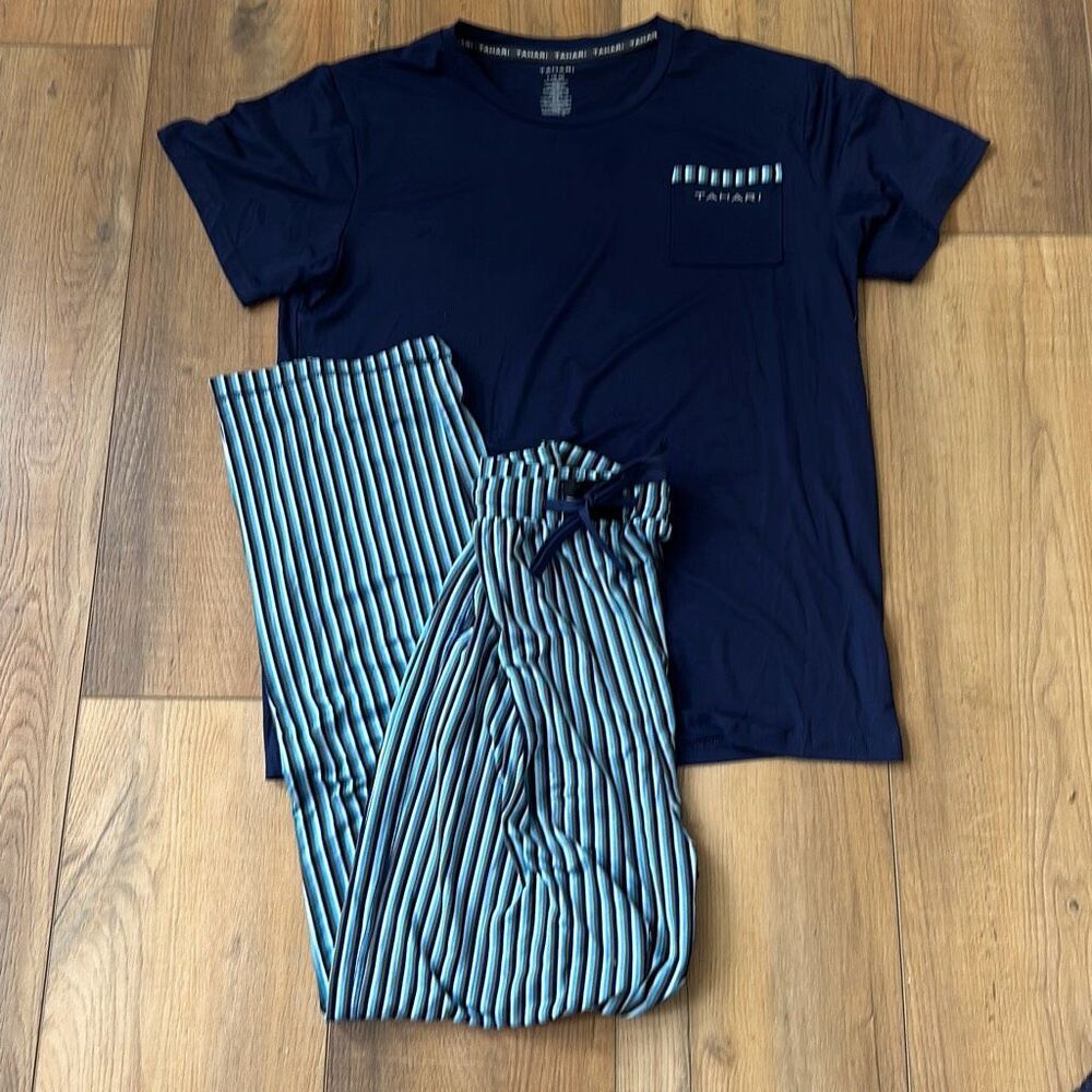 NWOT Tahari Pajama Set Mens Large Blue Stripe Ultra Soft Top Shirt Pants Loungew